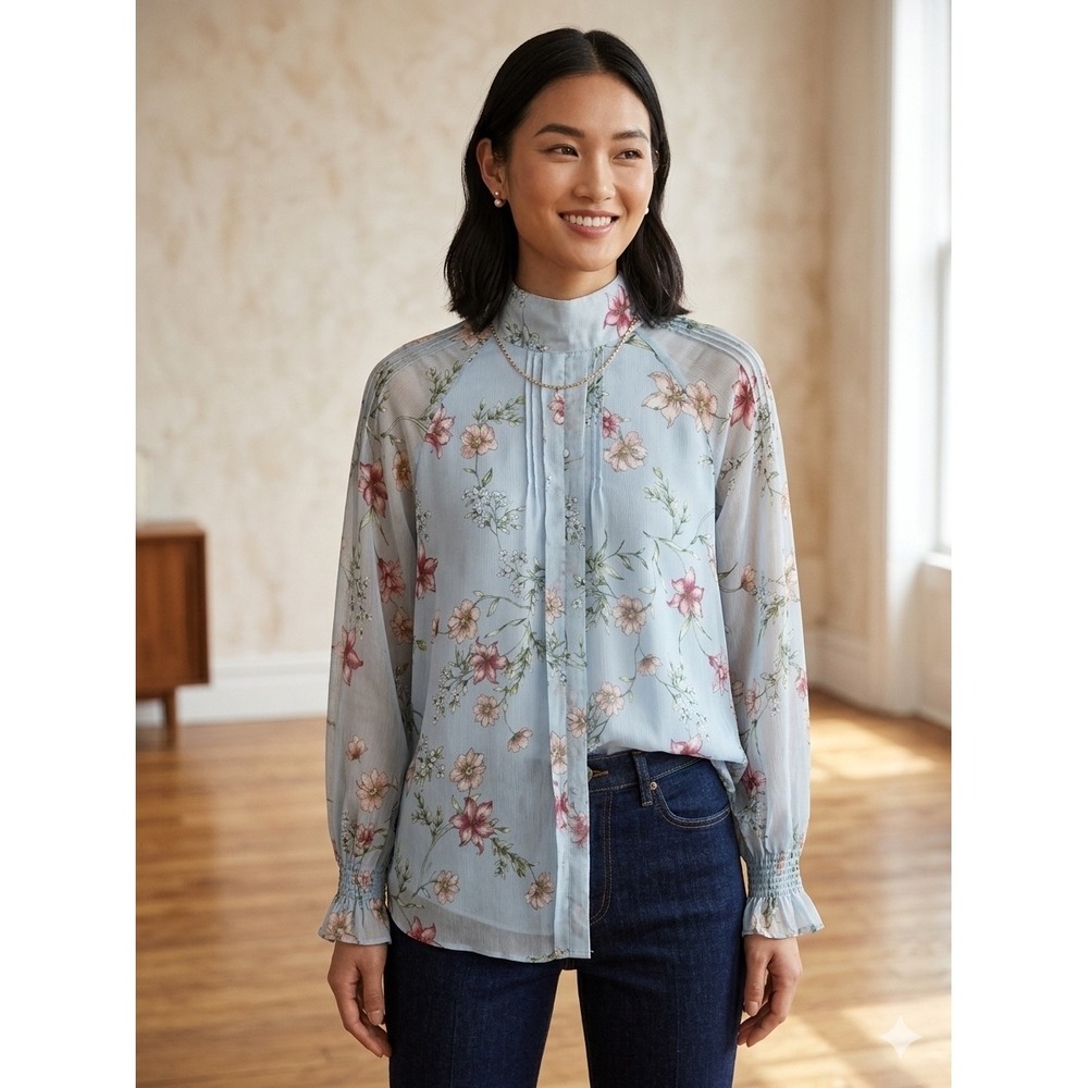 Lauren Ralph Lauren Blue Floral Mock Neck Smocked Cuff Blouse 1X